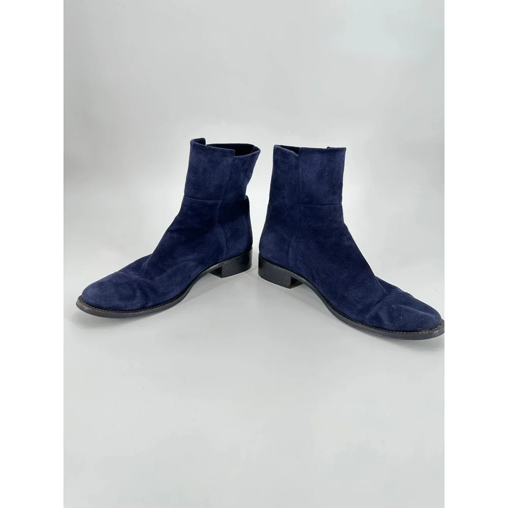 Stuart Weitzman 5050 Navy Blue Suede Ankle Boots 10M Low Block Heel Made Spain